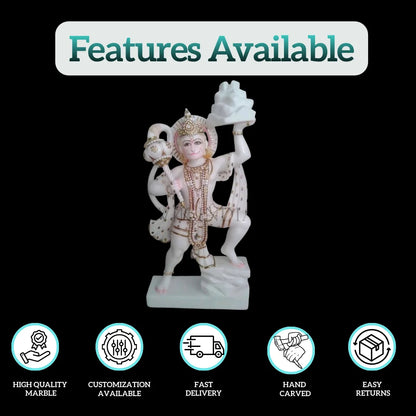 White marble Hanuman Ji statue showing product features such as high quality marble, customization, fast delivery and easy returns by Salvik India.