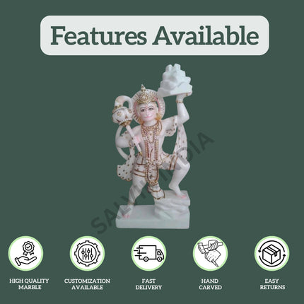 White marble Hanuman Ji statue showing product features such as high quality marble, customization, fast delivery and easy returns by Salvik India.