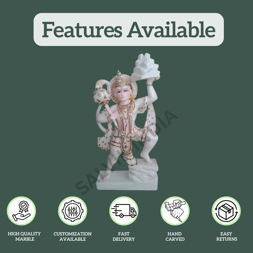 White marble Hanuman Ji statue showing product features such as high quality marble, customization, fast delivery and easy returns by Salvik India.