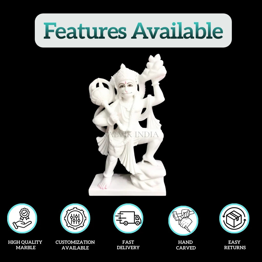 Features of Hanuman marble murti including high-quality marble, hand-carved design, and fast delivery by Salvik India
