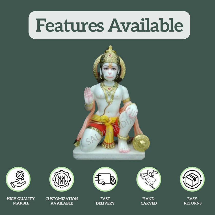 Features of Hanuman marble murti including high-quality marble, hand-carved design, and fast delivery by Salvik India