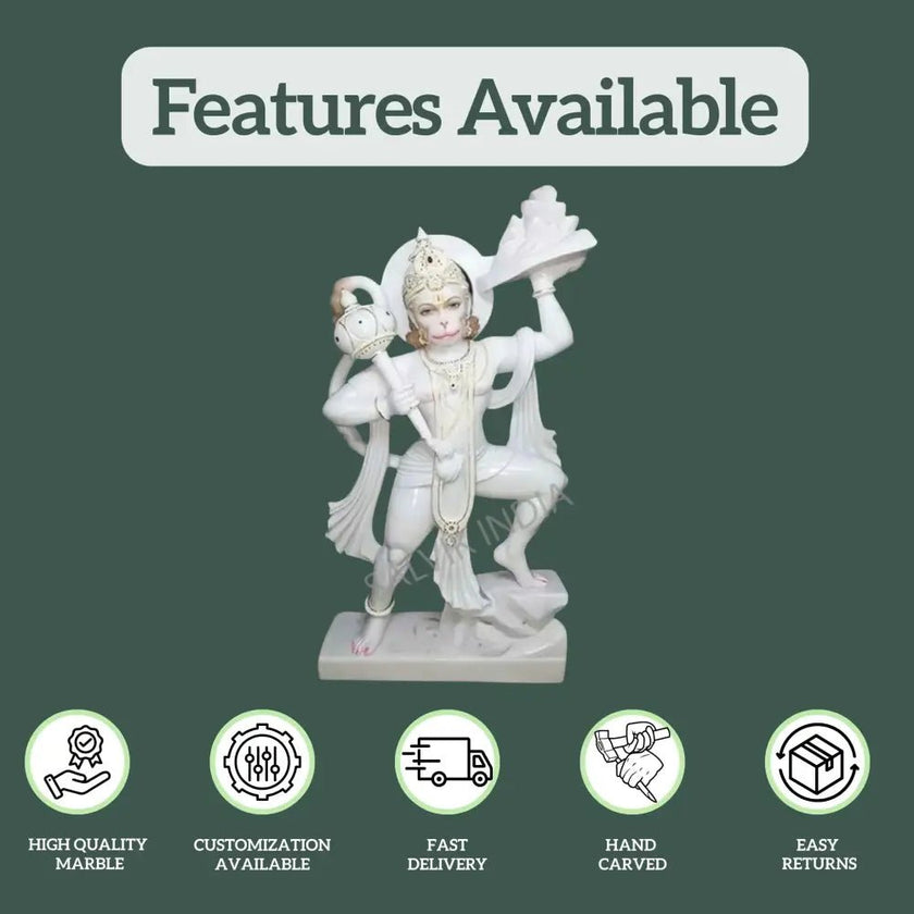 Features of Hanuman marble statue – high-quality Makrana marble, hand-carved, fast delivery, customization available