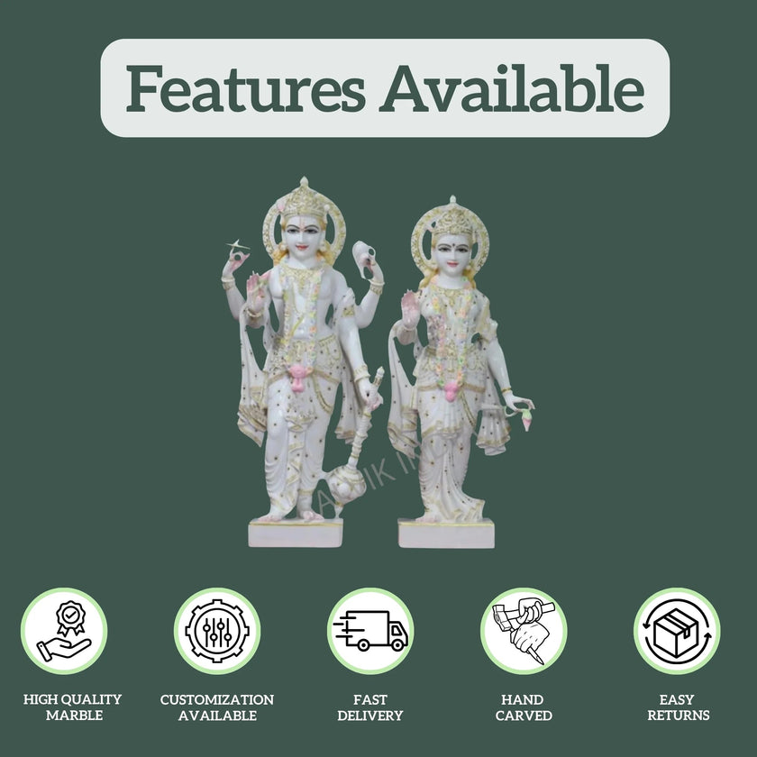 Features of Laxmi Narayan Marble Murti — handcrafted Vishnu Lakshmi idol with customization, fast delivery, and easy returns by Salvik India