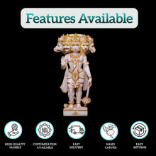 White marble Panchmukhi Hanuman statue showing high quality marble, customization, hand carving, and fast delivery features by Salvik India.