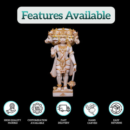 White marble Panchmukhi Hanuman statue showing high quality marble, customization, hand carving, and fast delivery features by Salvik India.