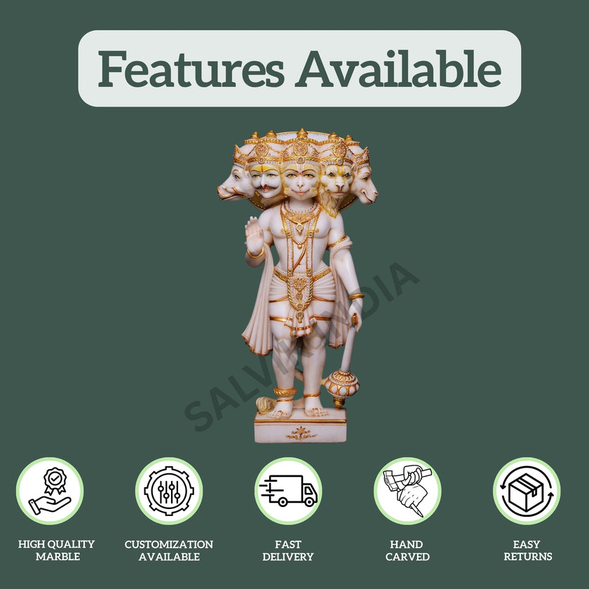 White marble Panchmukhi Hanuman statue showing high quality marble, customization, hand carving, and fast delivery features by Salvik India.