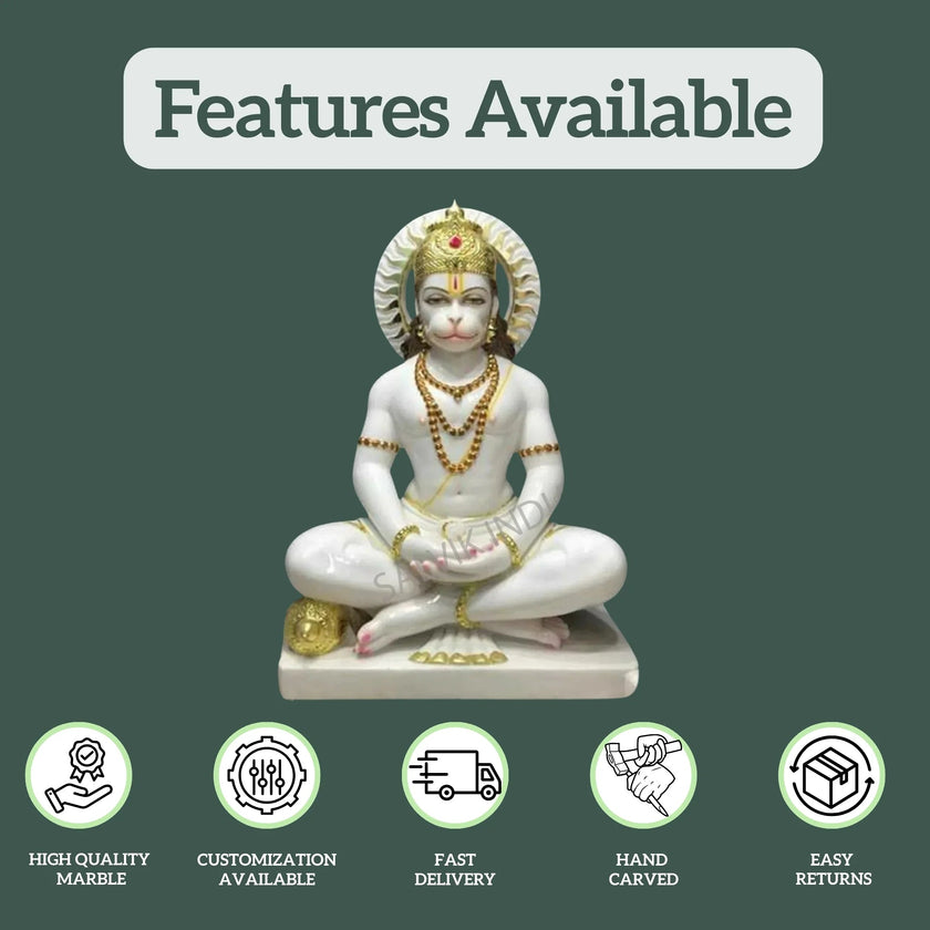 Features of Veer Hanuman Ji marble idol – high-quality marble, hand-carved, fast delivery, customization available