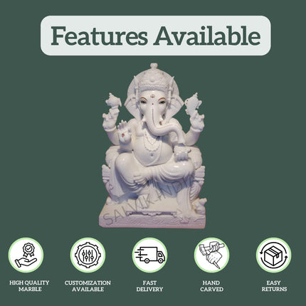 Features of 18 Inch White Makrana Marble Ganesh Statue – Hand Carved, Fast Delivery, Customization by Salvik India