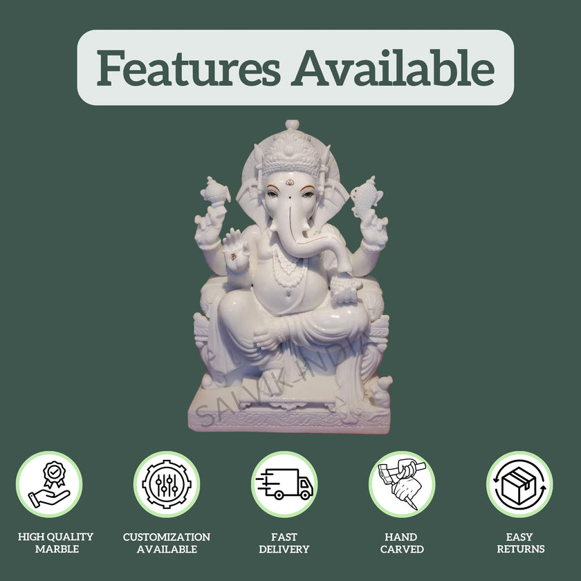 Features of 18 Inch White Makrana Marble Ganesh Statue – Hand Carved, Fast Delivery, Customization by Salvik India