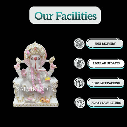 Gajanan Marble Murti with gold and pink hand-painted