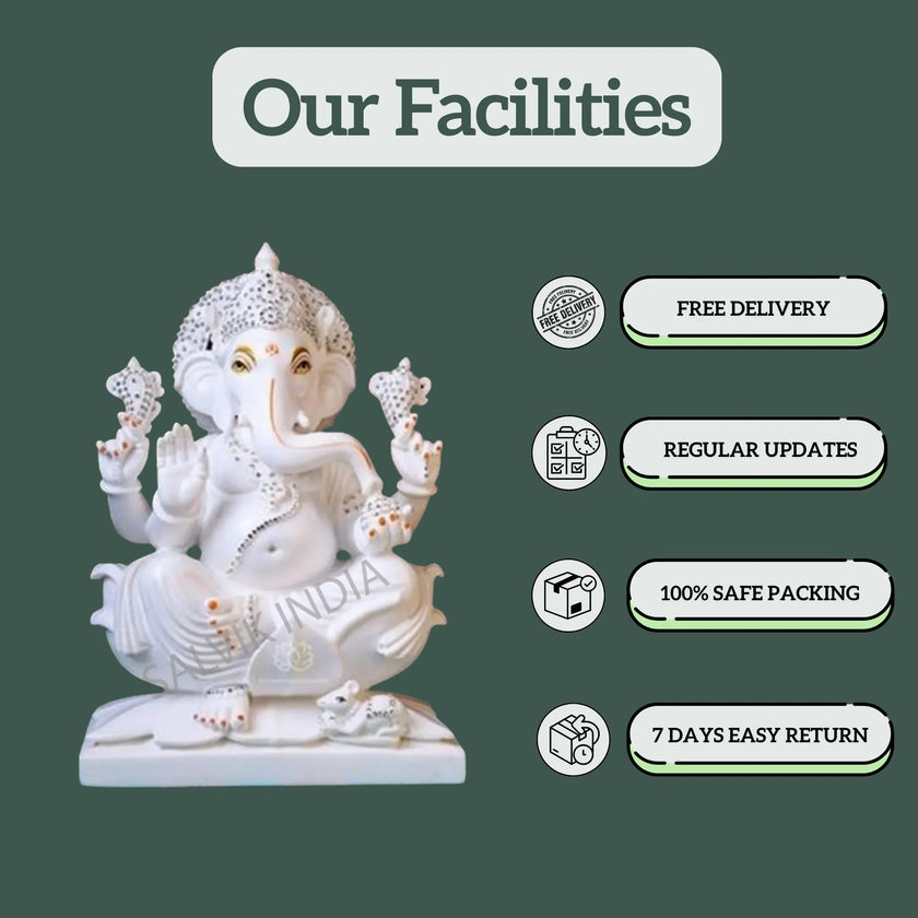 Marble Ganesh Idol with facilities – free delivery, safe packing, regular updates, and easy returns from Salvik India.