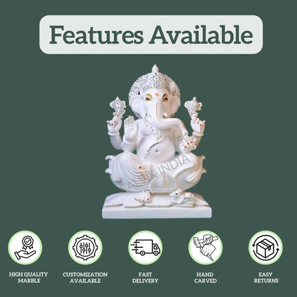 Ganesh Idol in Marble with features – high quality, customization, fast delivery, hand-carved, easy returns.