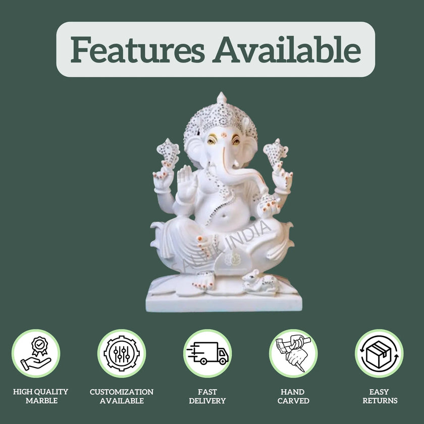Ganesh Idol in Marble with features – high quality, customization, fast delivery, hand-carved, easy returns.
