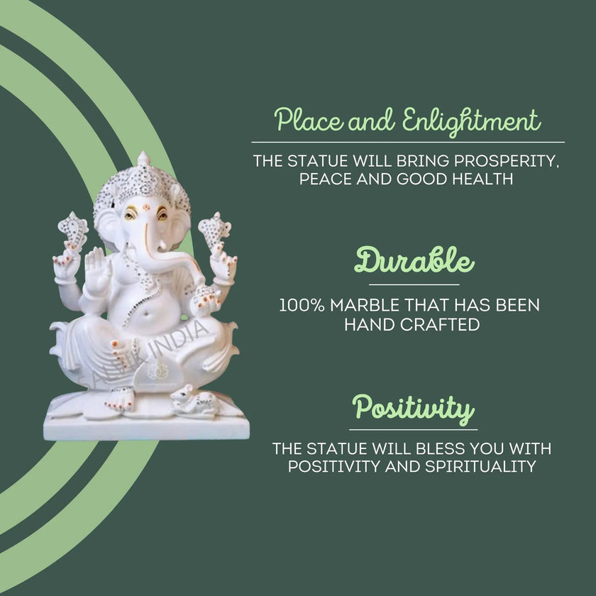 Handcrafted White Marble Ganesh Murti – durable, positive, and perfect for home temple or gifting.