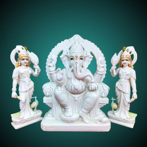 White marble Ganesh Ji murti with hand-carved detailing, Salvik India