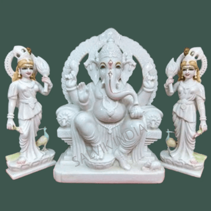 White marble Ganesh Ji murti with hand-carved detailing, Salvik India
