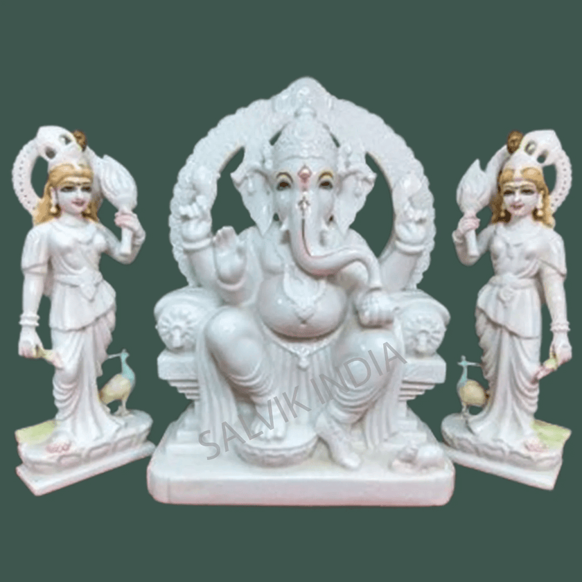 White marble Ganesh Ji murti with hand-carved detailing, Salvik India