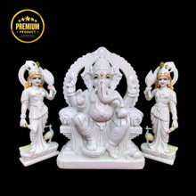 Handcrafted Ganesh Ji Marble Murti with Riddhi Siddhi in White Marble