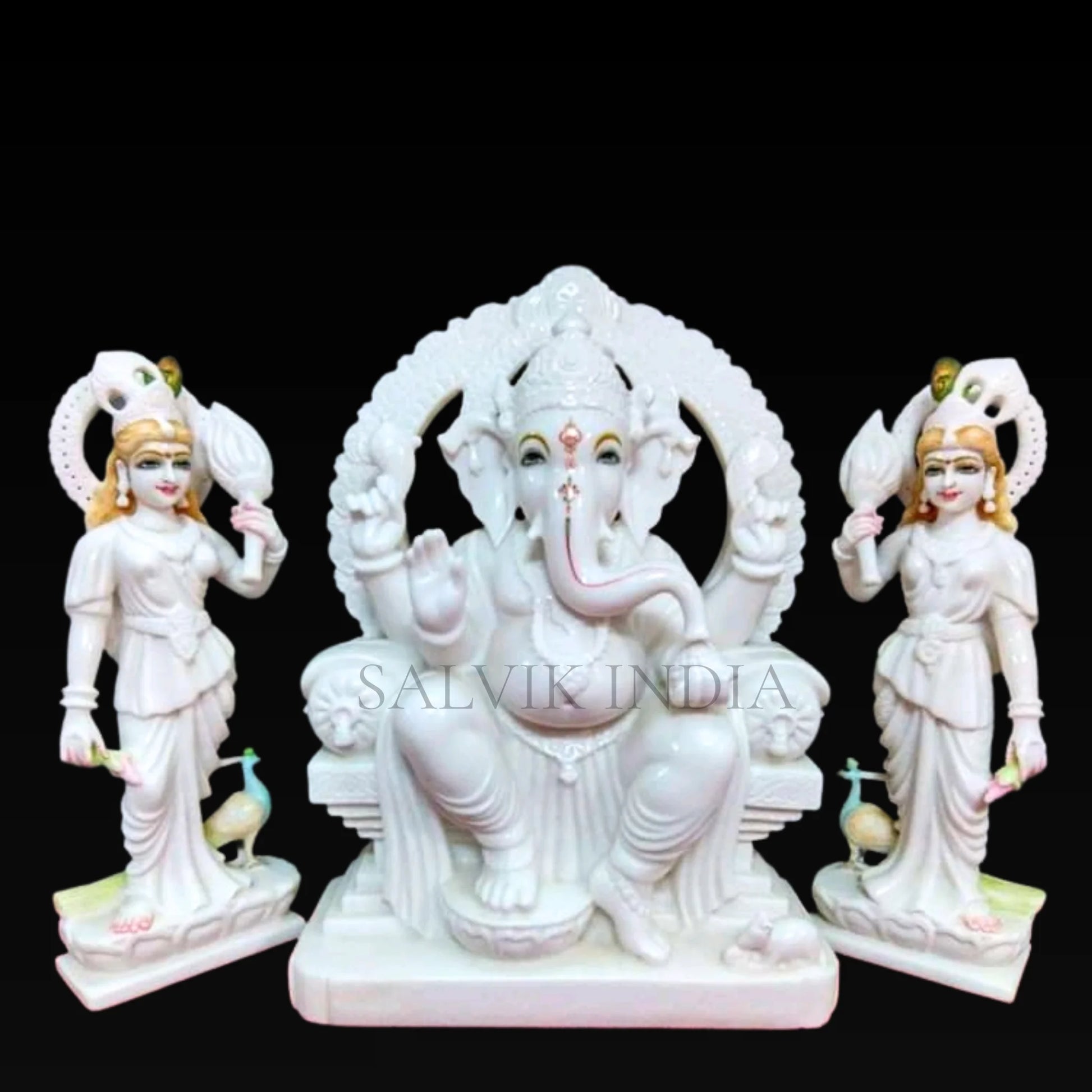 Handcrafted Ganesh Ji Marble Murti with Riddhi Siddhi in White Marble