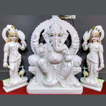 White marble Ganesh Ji murti with hand-carved detailing, Salvik India