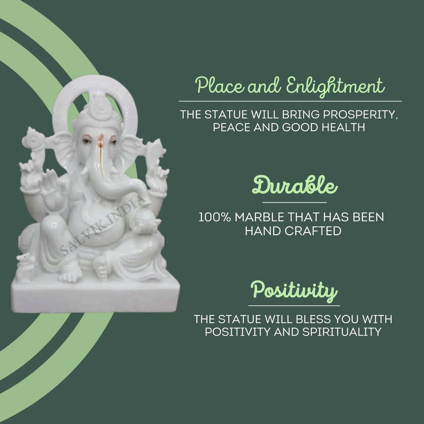 Handcrafted White Marble Ganpati Idol – Durable Statue that Brings Prosperity, Positivity and Spirituality