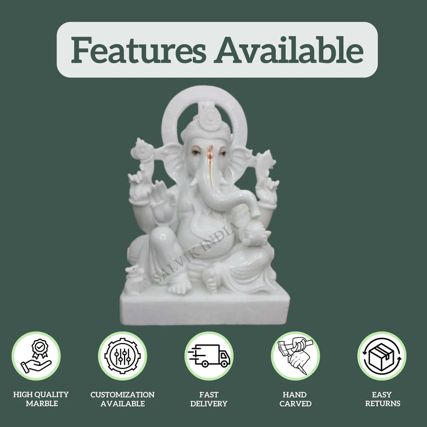Ganesh Marble Idol with Features – High Quality Marble, Customization, Fast Delivery, Hand Carved, Easy Returns