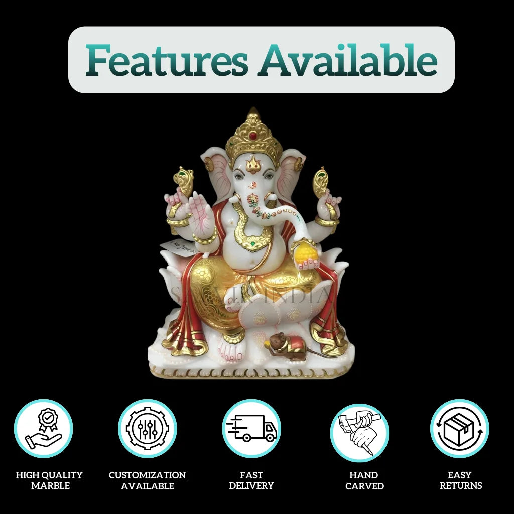 Handcrafted Ganesh marble idol in natural white marble