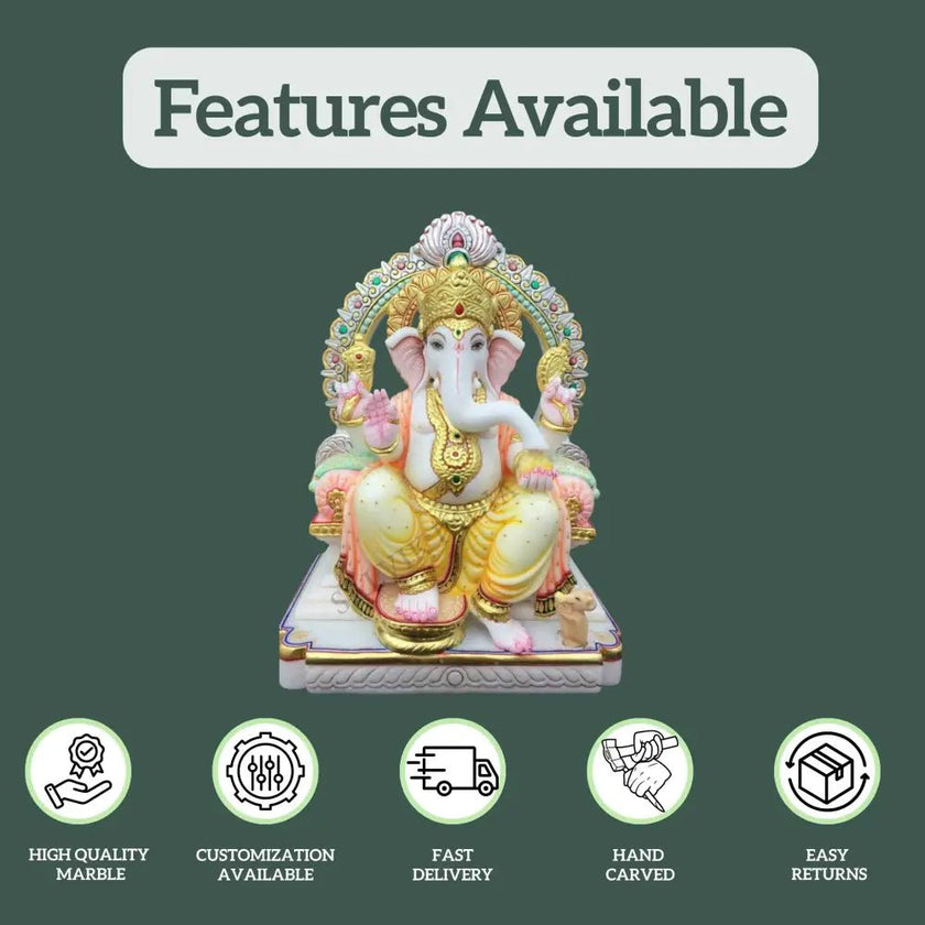 Marble Ganesh Moorti with Features – Hand-Carved Ganpati Statue, Fast Delivery & Easy Returns
