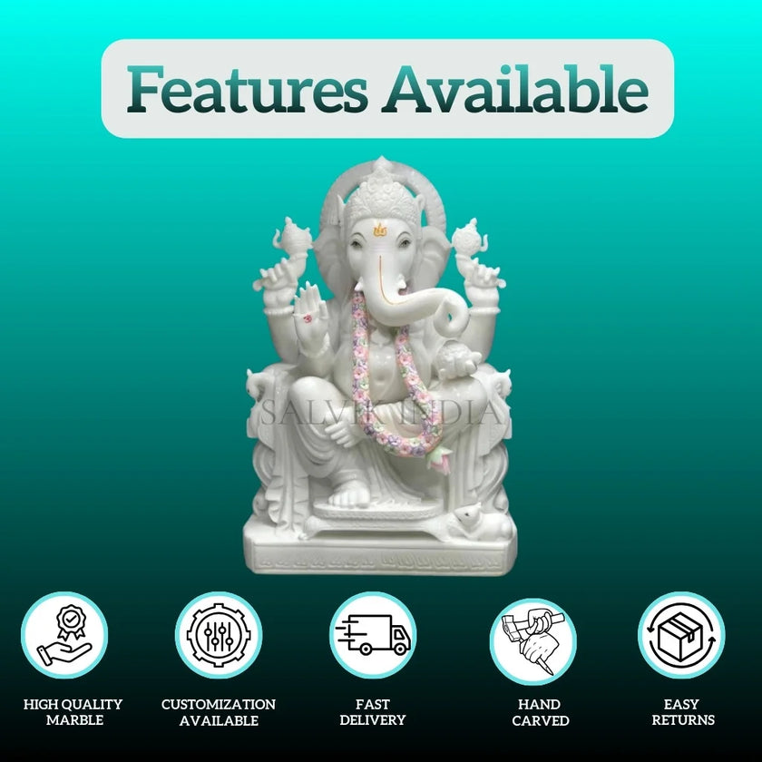 Ganesh marble statue with features display including customization and hand carved quality