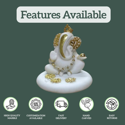 Ganesh Murti in White Marble with Golden Design – High Quality, Customization, Fast Delivery, Handcrafted