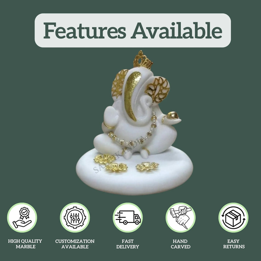 Ganesh Murti in White Marble with Golden Design – High Quality, Customization, Fast Delivery, Handcrafted