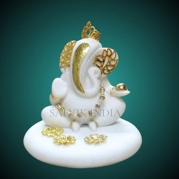 Handcrafted Marble Ganesh Murti in White Vietnam Marble with Golden Detailing – Salvik India