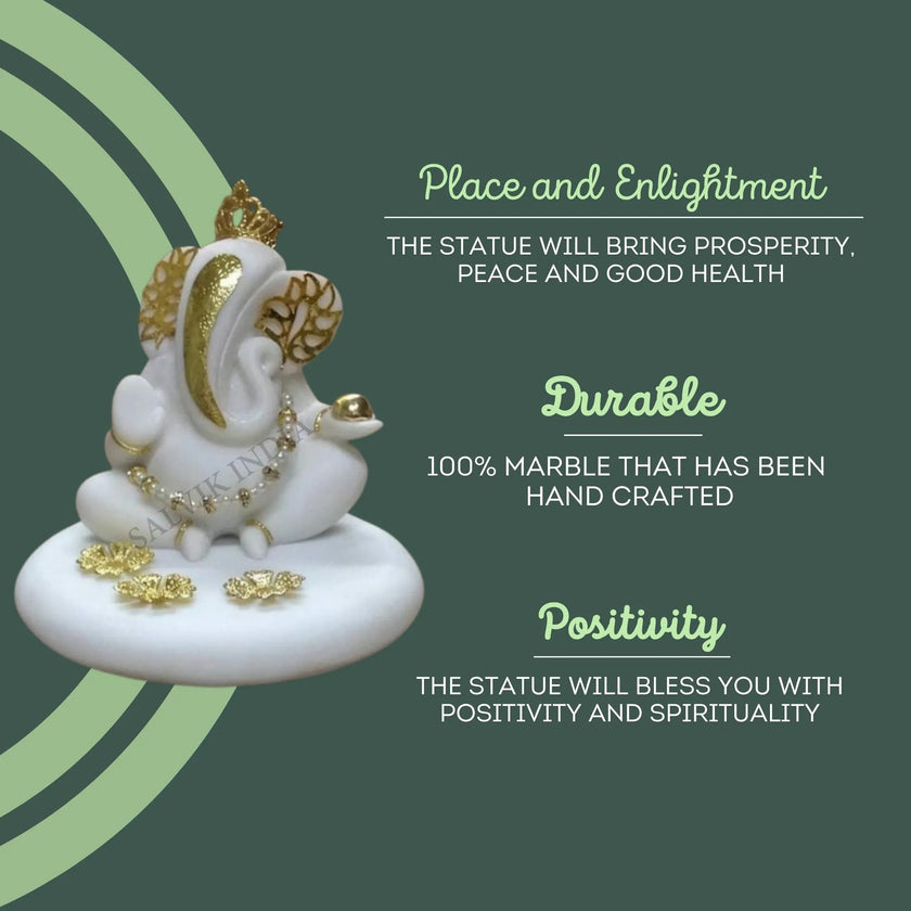 White Marble Ganesh Moorti with Golden Work – Durable, Handcrafted and Brings Positivity