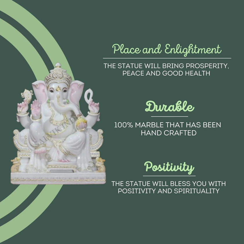 White Marble Ganesh Murti symbolizing peace, prosperity, and spirituality – handcrafted durable idol by Salvik India.