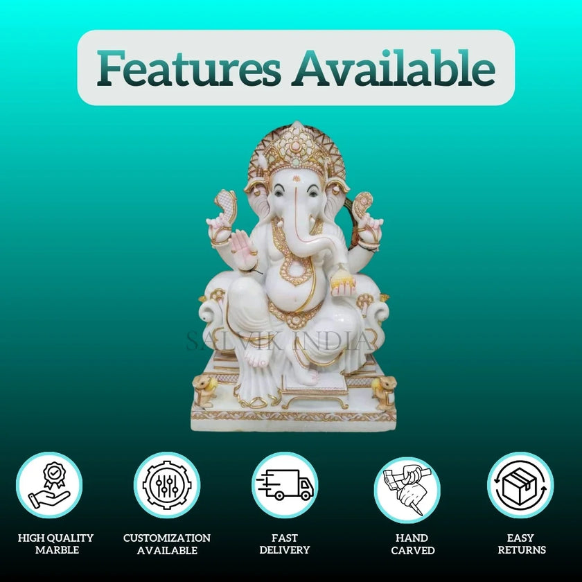 Features of handcrafted Ganesh sculpture made from premium Makrana marble
