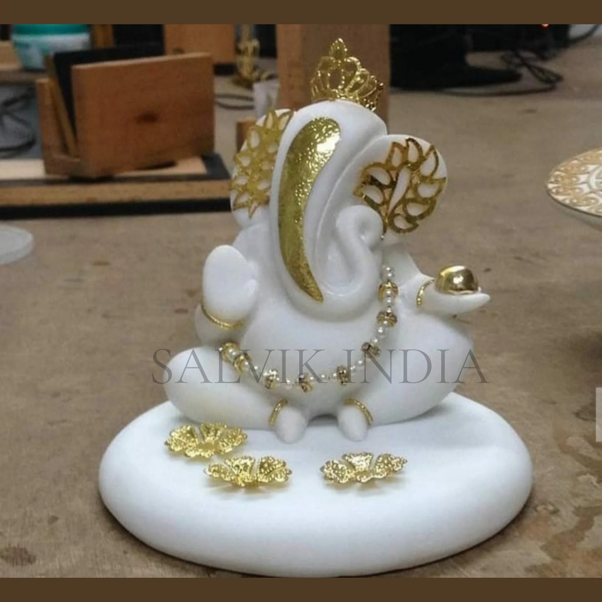 Handcrafted Marble Ganesh Murti in White Vietnam Marble with Golden Detailing – Salvik India