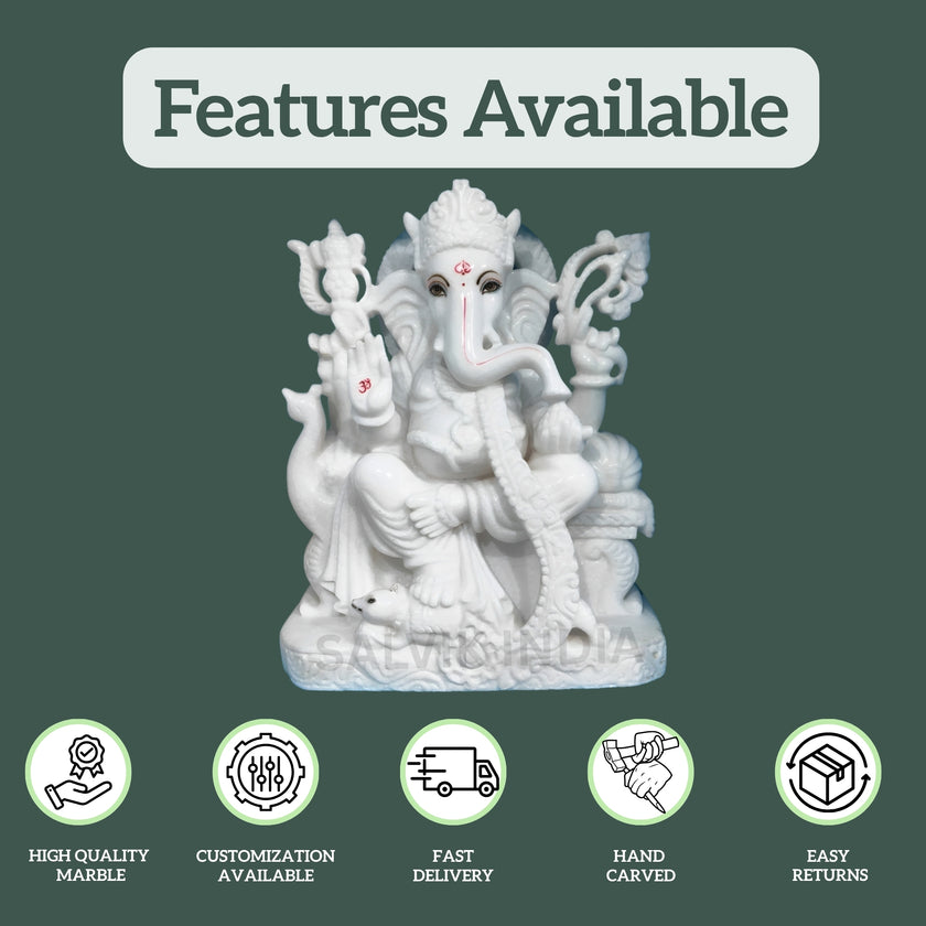 Ganpati Bappa Marble Murti – High Quality Makrana Marble, Customization, Fast Delivery, Hand Carved Idol
