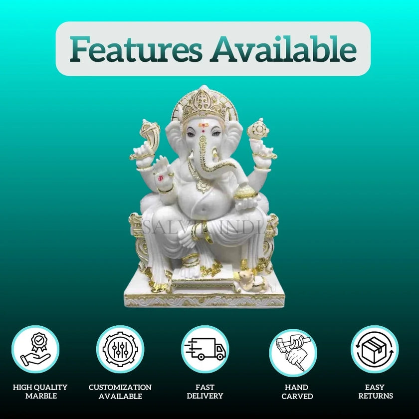 Ganpati Marble Murti – Pure White Handcrafted Ganesh Marble Statue - Salvik | Marble Murti Manufacturers in India