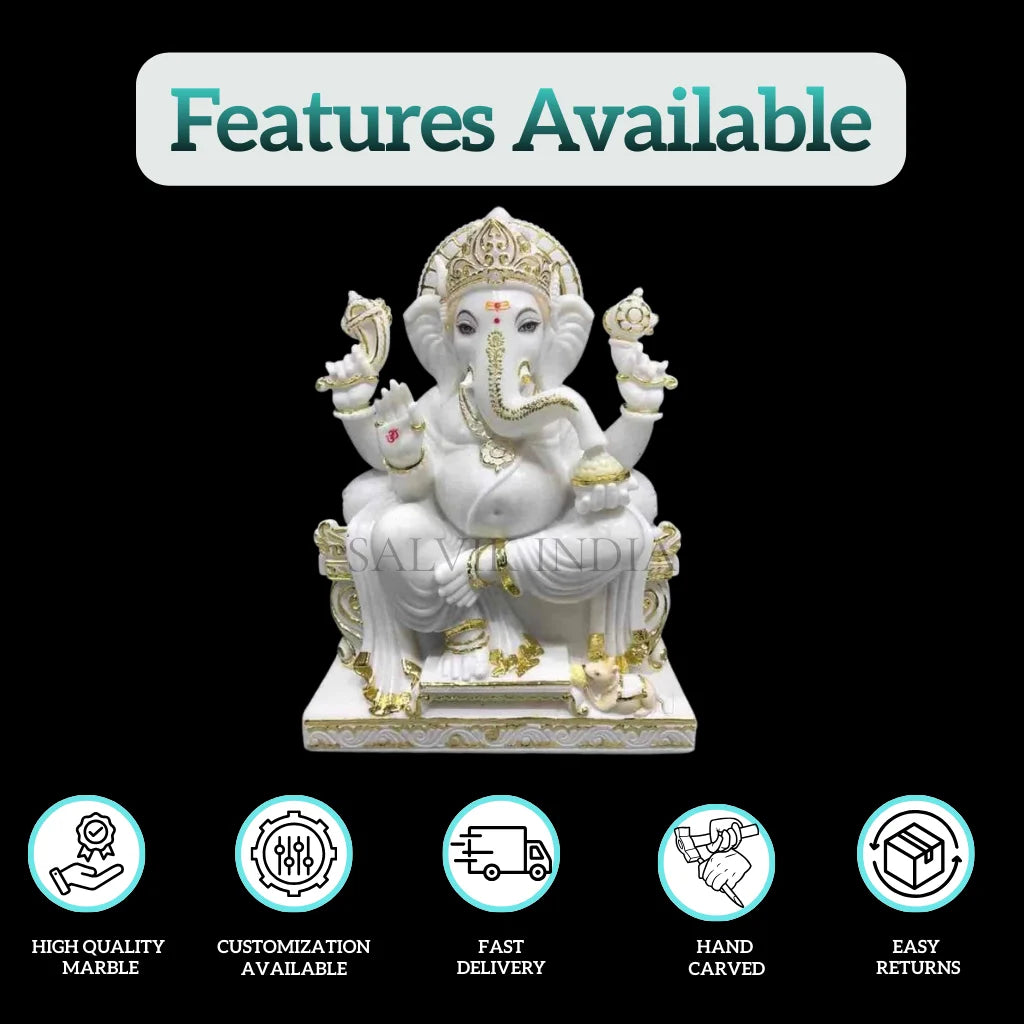 Handcrafted Ganpati marble murti in pure white Vietnam marble