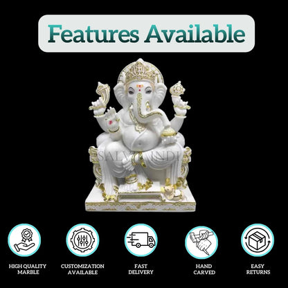 Handcrafted Ganpati marble murti in pure white Vietnam marble