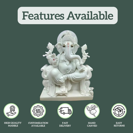 Ganpati Murti in White Marble with features – high quality, customization, hand carving, fast delivery