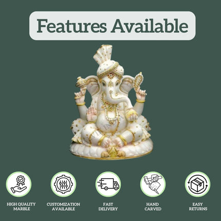 Marble Ganpati Murti with premium features – high quality marble, customization, fast delivery, hand carved, easy returns