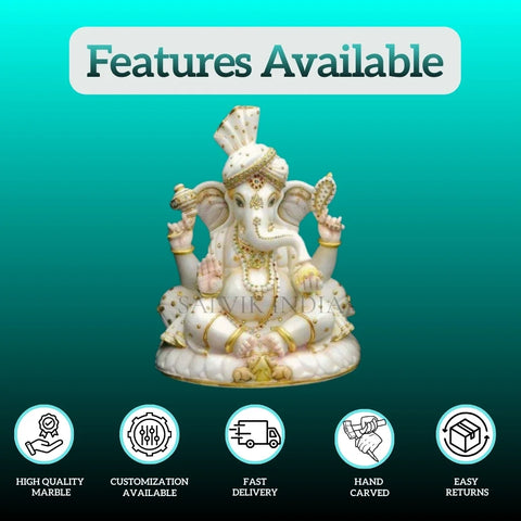 Marble Ganpati Murti with premium features – high quality marble, customization, fast delivery, hand carved, easy returns