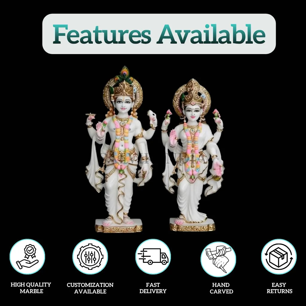 White marble Laxmi Narayan idol with gold-painted garments and intricate jewellery