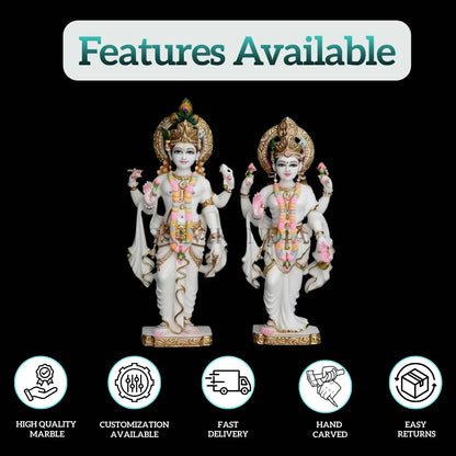 White marble Laxmi Narayan idol with gold-painted garments and intricate jewellery