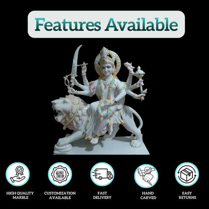 Durga Maa Marble Idol for Home-Hand Carved Goddess Durga Statue for Temple & Pooja Room