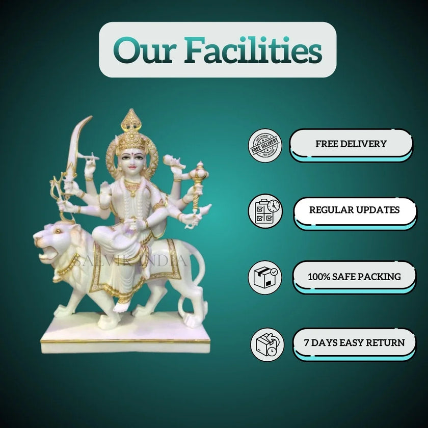 Handcrafted Marble Idol of Durga Mata with lion and trishul