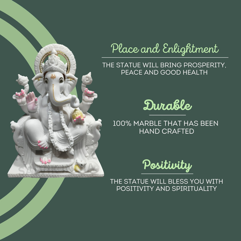 Handcrafted Ganesh Bhagwan Marble Idol – Symbol of Positivity, Peace, and Prosperity for Homes and Temples