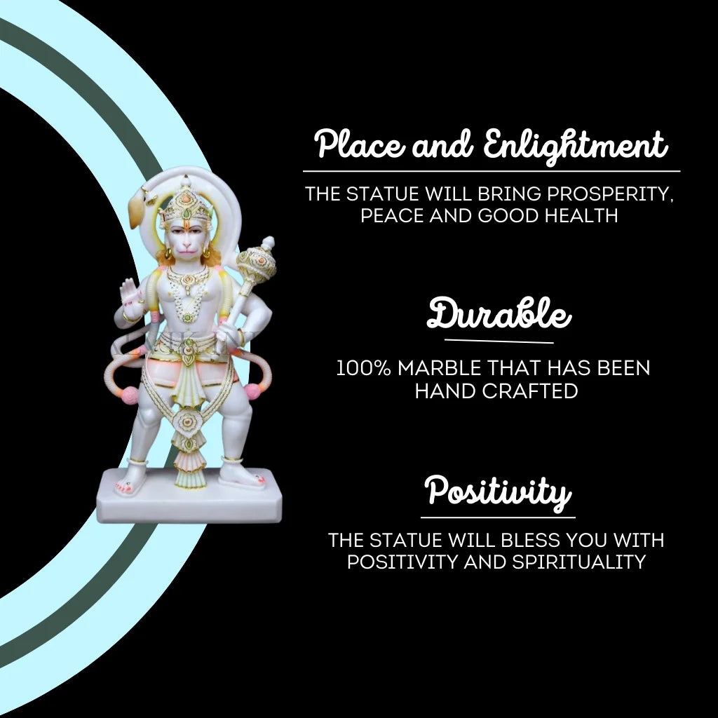 Hanuman Ji marble murti handcrafted from pure white marble symbolizing positivity, durability, and spiritual peace by Salvik India.