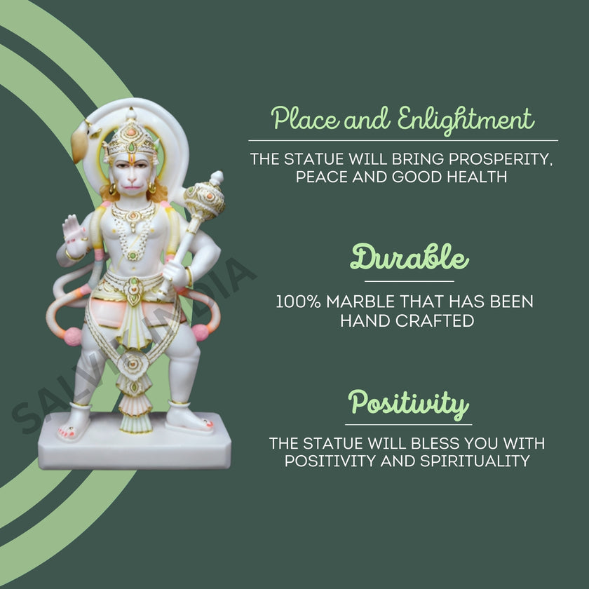 Hanuman Ji marble murti handcrafted from pure white marble symbolizing positivity, durability, and spiritual peace by Salvik India.